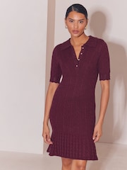 Lipsy Berry Red Petite Knitted Polo Collar Mini Dress - Image 1 of 4