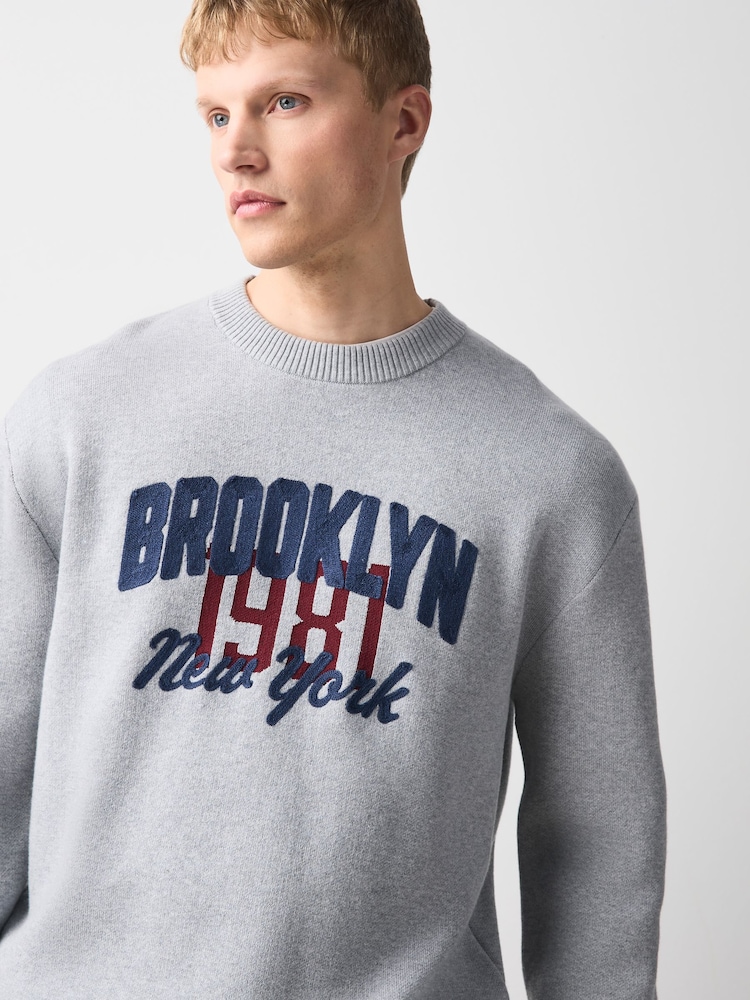 Grey Brooklyn Graphic Knitted Crew Neck Jumper - Image 1 of 7 Grey Brooklyn Graphic Knitted Crew Neck Jumper - Image 1 of 7