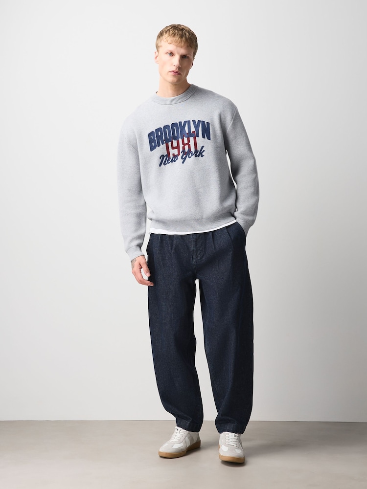 Grey Brooklyn Graphic Knitted Crew Neck Jumper - Image 2 of 7 Grey Brooklyn Graphic Knitted Crew Neck Jumper - Image 2 of 7