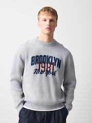 Grey Brooklyn Graphic Knitted Crew Neck Jumper - Image 3 of 7