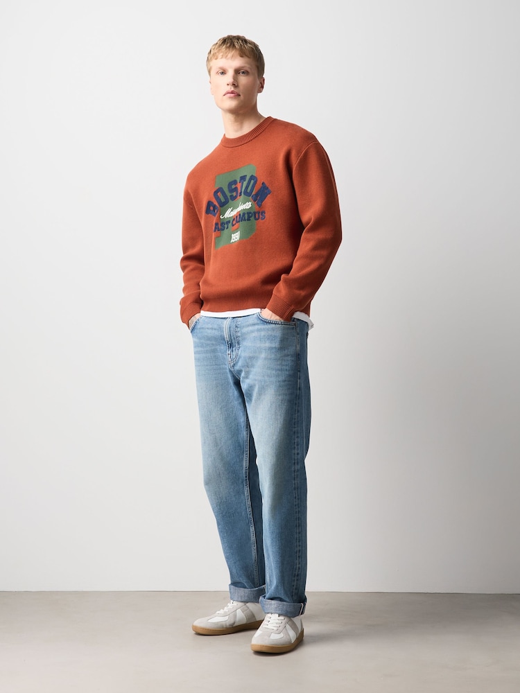 Rust Orange Boston Graphic Knitted Crew Neck Jumper - Image 2 of 7 Rust Orange Boston Graphic Knitted Crew Neck Jumper - Image 2 of 7