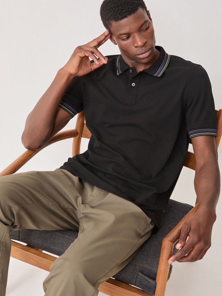 PS Paul Smith Black Signature Stripe Tipped Collar Polo Shirt - Image 2 of 7