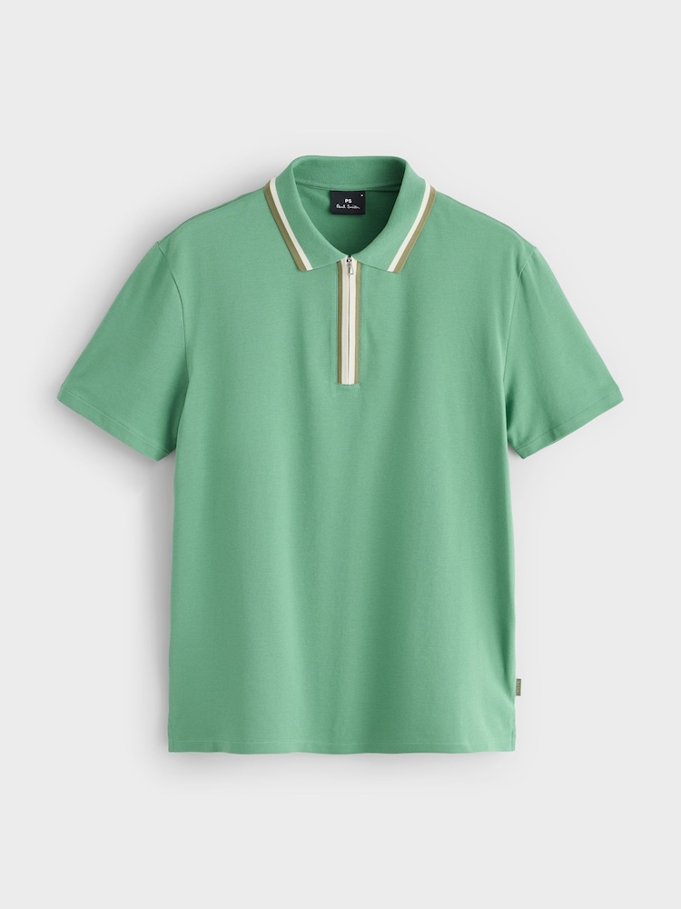 PS Paul Smith Green Tipped Collar Zip Neck Polo Shirt - Image 1 of 5