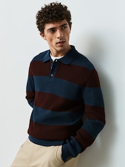 Navy/Burgundy Stripe Ribbed Knitted Rugby Polo Shirt - Image 1 of 7