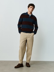 Navy/Burgundy Stripe Ribbed Knitted Rugby Polo Shirt - Image 2 of 7