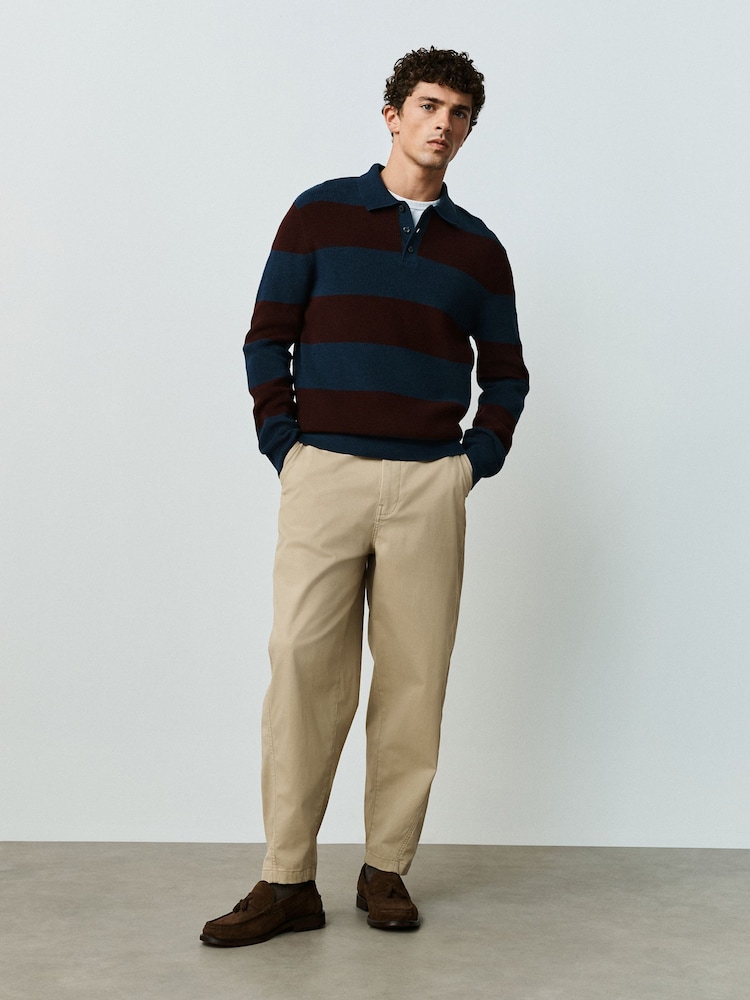 Navy/Burgundy Stripe Ribbed Knitted Rugby Polo Shirt - Image 2 of 7 Navy/Burgundy Stripe Ribbed Knitted Rugby Polo Shirt - Image 2 of 7