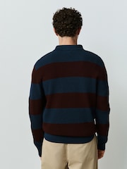 Navy/Burgundy Stripe Ribbed Knitted Rugby Polo Shirt - Image 3 of 7
