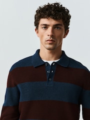 Navy/Burgundy Stripe Ribbed Knitted Rugby Polo Shirt - Image 4 of 7