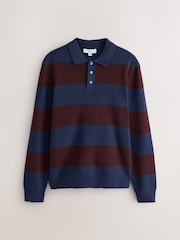 Navy/Burgundy Stripe Ribbed Knitted Rugby Polo Shirt - Image 5 of 7
