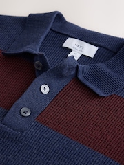 Navy/Burgundy Stripe Ribbed Knitted Rugby Polo Shirt - Image 6 of 7