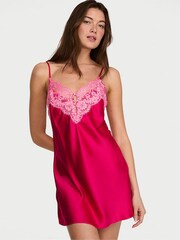 Victoria's Secret Vibrant Fuschia Pink Mini Satin Lace Trim Slip Dress - Image 1 of 2
