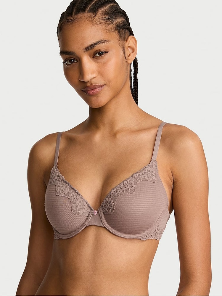 Victoria's Secret Iced Coffee Brown Lightly Lined Full Cup Cotton Stripe Lace Trim Bra - Image 1 of 2 Victoria's Secret Iced Coffee Brown Lightly Lined Full Cup Cotton Stripe Lace Trim Bra - Image 1 of 2
