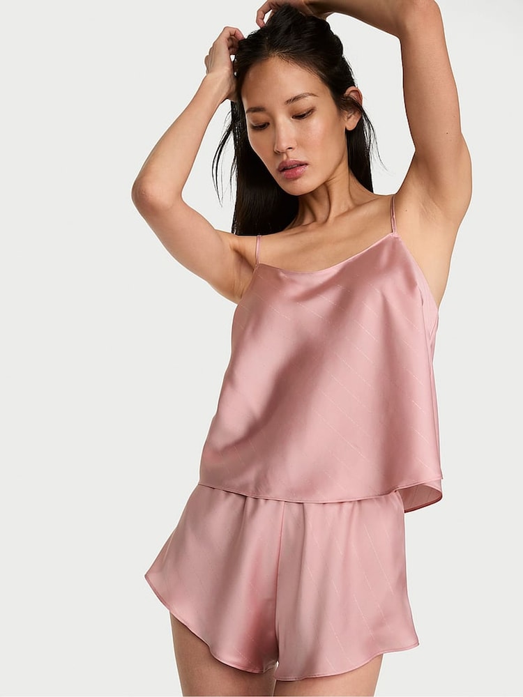 Victoria's Secret Chalk Rose Pink Shimmery Satin Open Back Cami Set - Image 1 of 2 Victoria's Secret Chalk Rose Pink Shimmery Satin Open Back Cami Set - Image 1 of 2