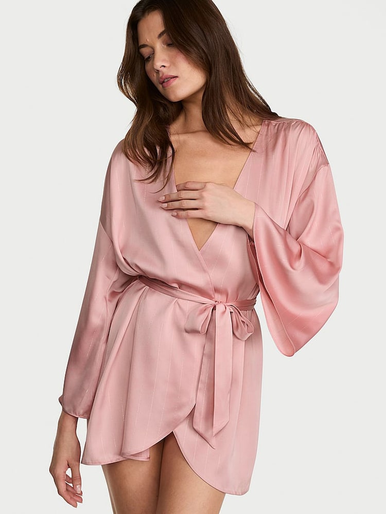 Victoria's Secret Chalk Rose Pink Shimmery Satin Short Robe - Image 1 of 2 Victoria's Secret Chalk Rose Pink Shimmery Satin Short Robe - Image 1 of 2