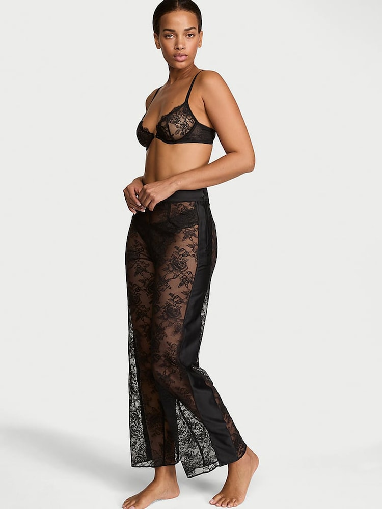 Victoria's Secret Black Lace & Satin Wide Leg Trousers - Image 1 of 2 Victoria's Secret Black Lace & Satin Wide Leg Trousers - Image 1 of 2