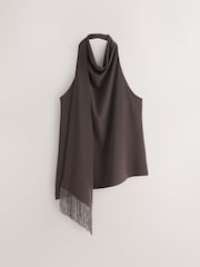 Chocolate Brown Sleeveless Halter Neck Fringe Scarf Top - Image 1 of 3