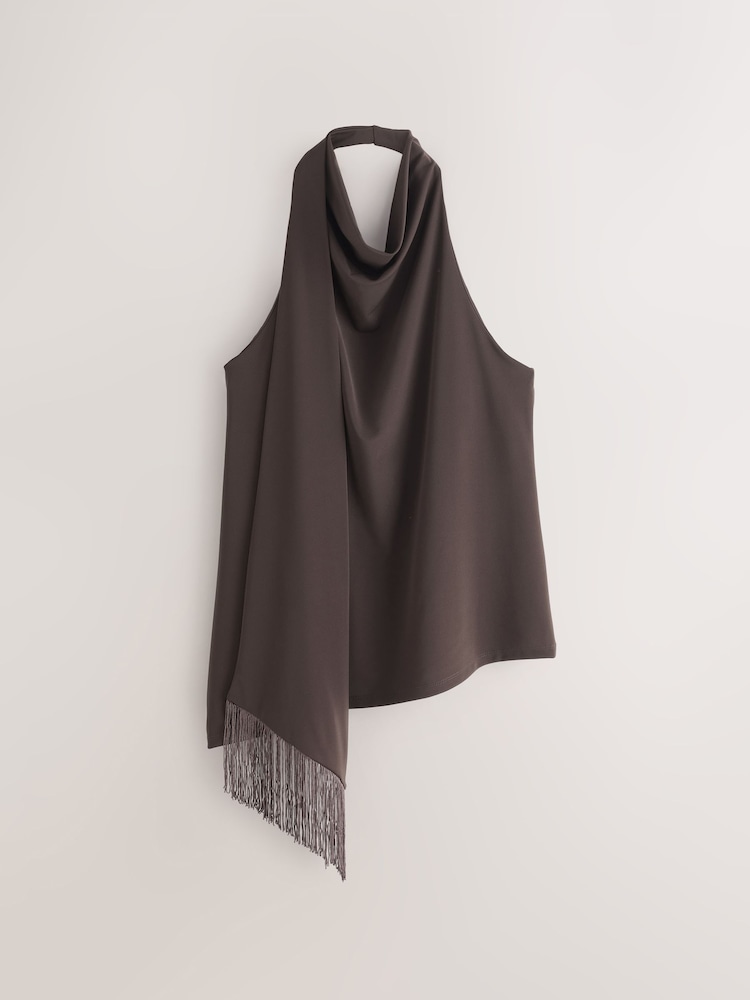 Chocolate Brown Sleeveless Halter Neck Fringe Scarf Top - Image 1 of 3
