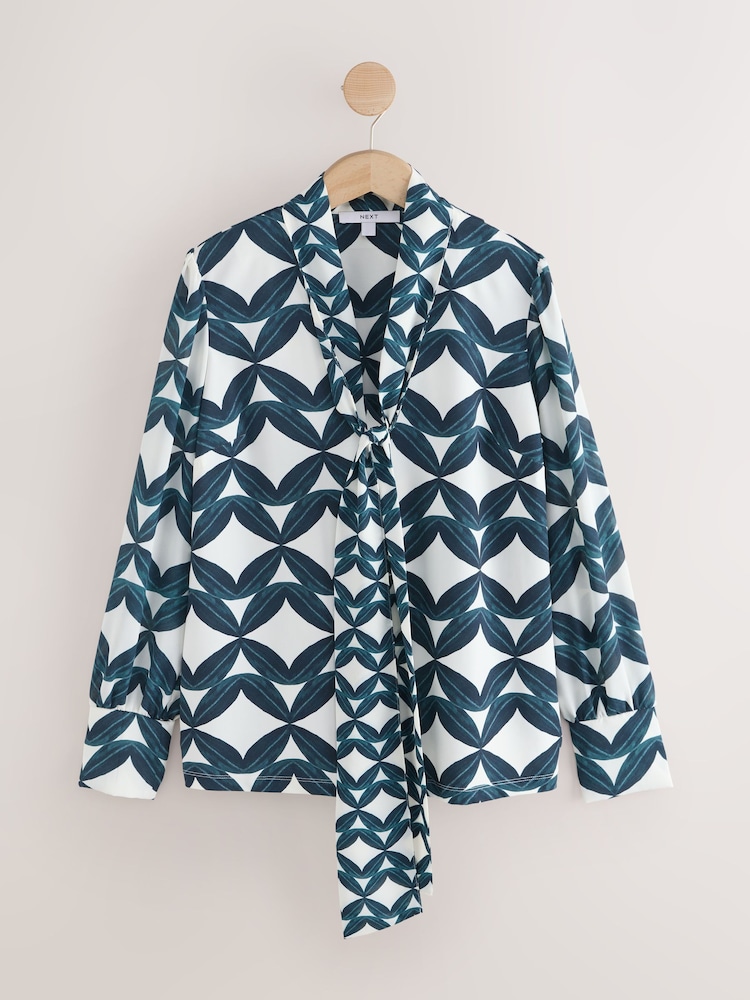 Ecru Geo Print Scarf Neck Long Sleeve Blouse - Image 1 of 3