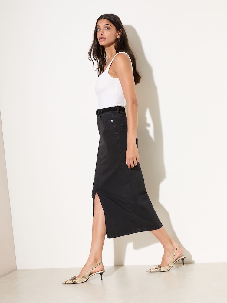 Friends Like These Black Petite Split Front Denim Midi Skirt - Image 4 of 4 Friends Like These Black Petite Split Front Denim Midi Skirt - Image 4 of 4
