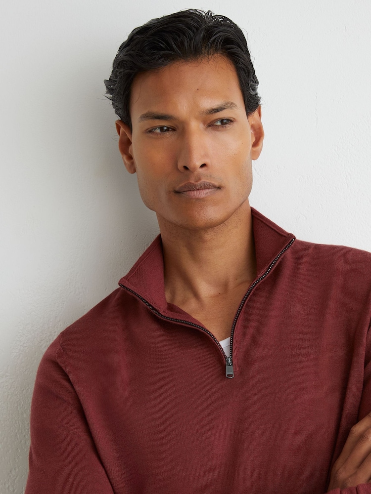 Reiss Rooibos Red Blackhall Merino Wool Half-Zip Funnel-Neck Jumper - Image 1 of 5 Reiss Rooibos Red Blackhall Merino Wool Half-Zip Funnel-Neck Jumper - Image 1 of 5