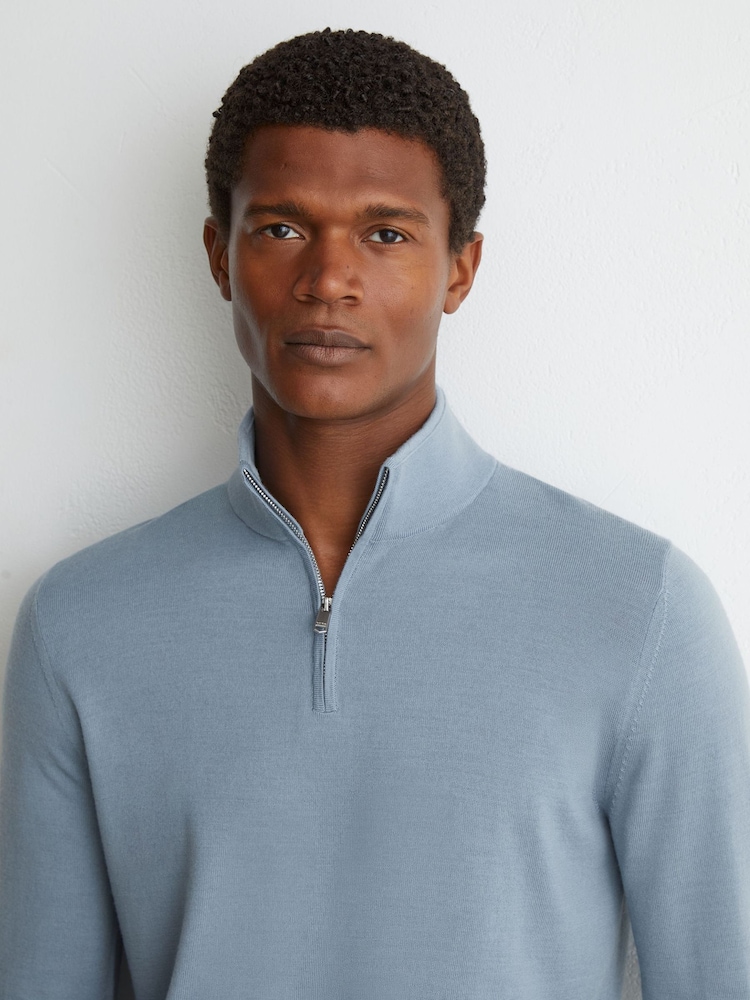 Reiss Armour Blue Blackhall Merino Wool Half-Zip Funnel-Neck Jumper - Image 1 of 6 Reiss Armour Blue Blackhall Merino Wool Half-Zip Funnel-Neck Jumper - Image 1 of 6