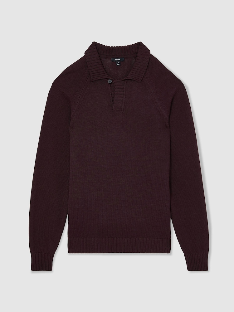 Reiss Bordeaux Ashdown Cotton Open-Collar Polo Jumper - Image 2 of 6 Reiss Bordeaux Ashdown Cotton Open-Collar Polo Jumper - Image 2 of 6