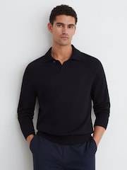 marine - Pull polo Reiss Ashdown en coton à col ouvert - Image 1 sur 6