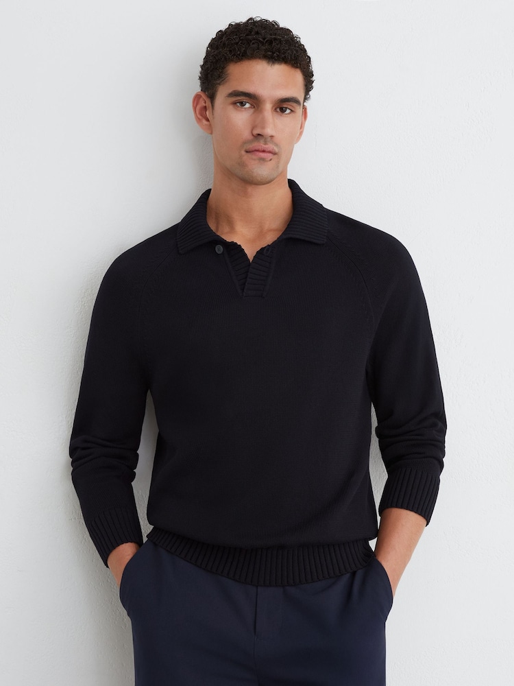 marine - Pull polo Reiss Ashdown en coton à col ouvert - Image 1 sur 6