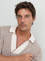 Reiss Tobacco Brown/Ecru Atlas Cotton-Blend Crochet Open-Collar Polo - Image 1 of 6