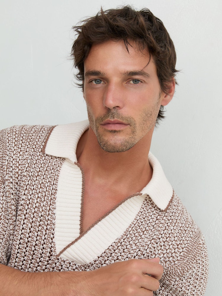 Reiss Tobacco Brown/Ecru Atlas Cotton-Blend Crochet Open-Collar Polo - Image 1 of 6