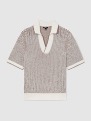 Reiss Tobacco Brown/Ecru Atlas Cotton-Blend Crochet Open-Collar Polo - Image 2 of 6