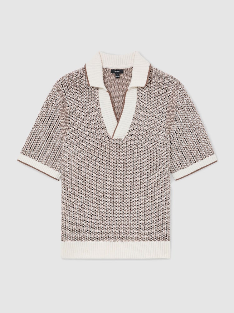 Reiss Tobacco Brown/Ecru Atlas Cotton-Blend Crochet Open-Collar Polo - Image 2 of 6
