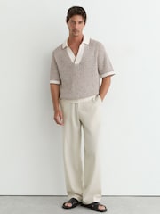 Reiss Tobacco Brown/Ecru Atlas Cotton-Blend Crochet Open-Collar Polo - Image 3 of 6