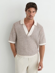 Reiss Tobacco Brown/Ecru Atlas Cotton-Blend Crochet Open-Collar Polo - Image 4 of 6