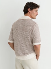 Reiss Tobacco Brown/Ecru Atlas Cotton-Blend Crochet Open-Collar Polo - Image 5 of 6