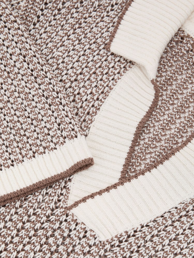 Reiss Tobacco Brown/Ecru Atlas Cotton-Blend Crochet Open-Collar Polo - Image 6 of 6