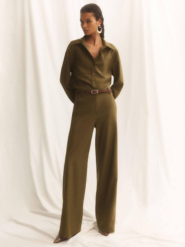 Reiss Khaki Adie Wool-Blend Wide-Leg Trousers - Image 1 of 7 Reiss Khaki Adie Wool-Blend Wide-Leg Trousers - Image 1 of 7