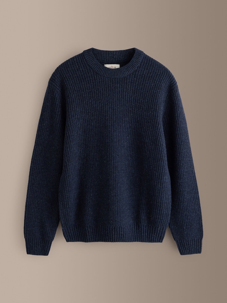 Navy Blue Signature Lambswool Rib Crew Neck Jumper - Image 1 of 3 Navy Blue Signature Lambswool Rib Crew Neck Jumper - Image 1 of 3