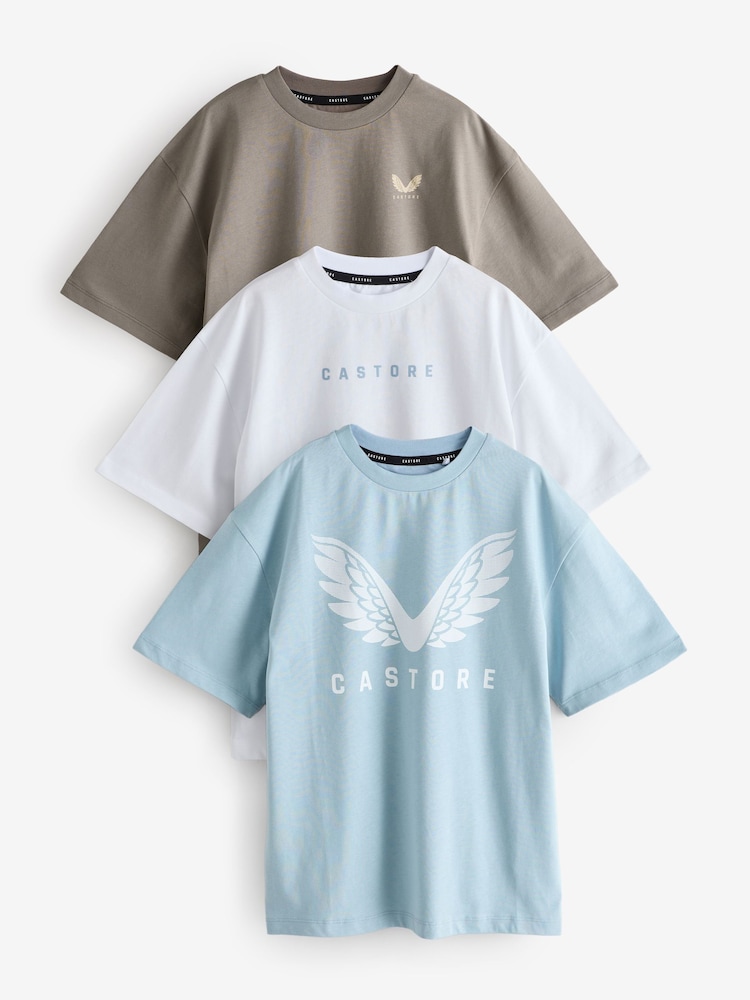 Blauw/Wit/Bruin - Castore Oversized Short Sleeve Logo Cotton T-Shirts 3 Pack - Afbeelding 1 van 20