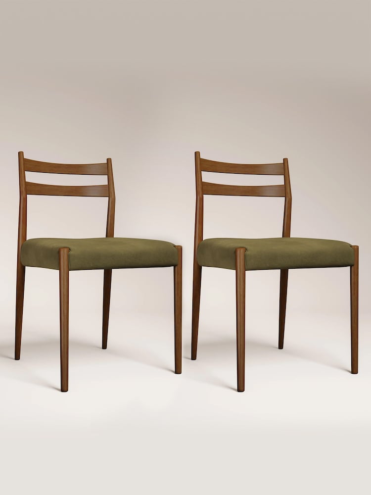 Cult Furniture Set of 2 Moss Green  Walnut Caleb Wooden And Weave Dining Chairs - Image 2 of 7