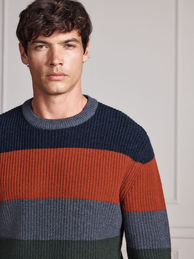 Blue/Orange Stripe Signature Lambswool Rib Crew Neck Jumper - Image 1 of 6 Blue/Orange Stripe Signature Lambswool Rib Crew Neck Jumper - Image 1 of 6