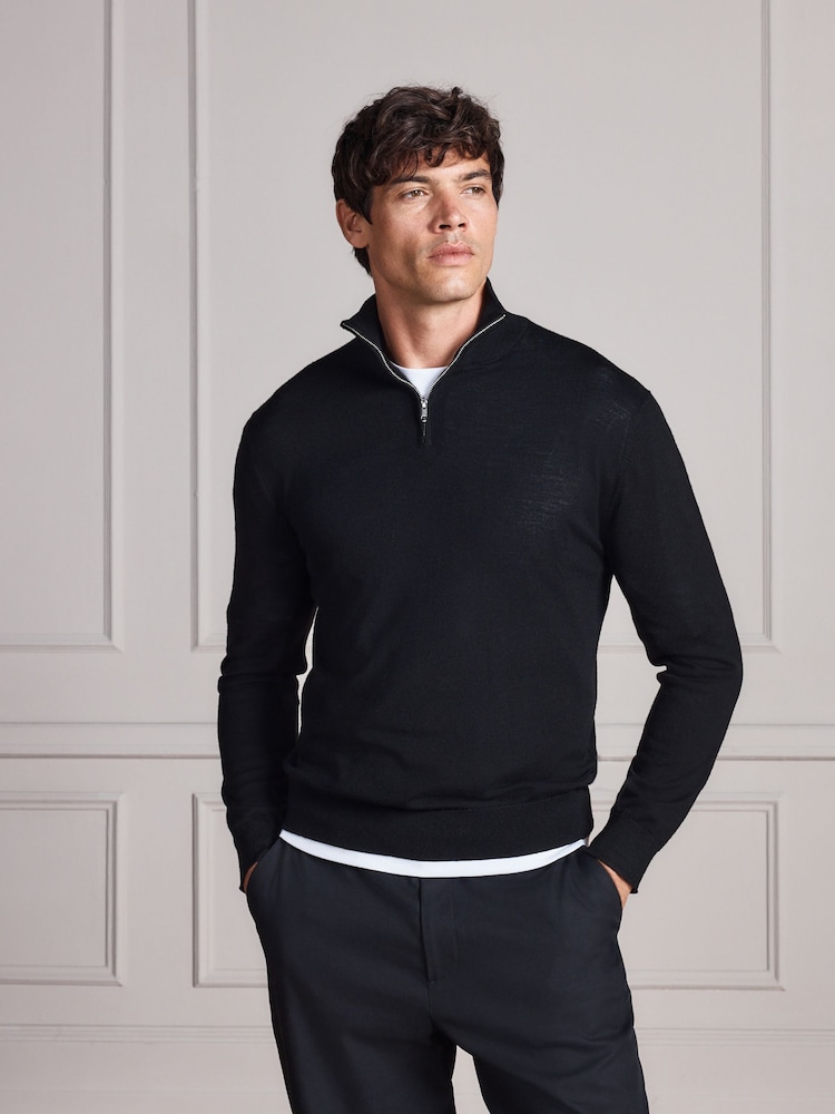Svart - Merino Wool Signature Quarter Zip Jumper - Bild 1 av 9