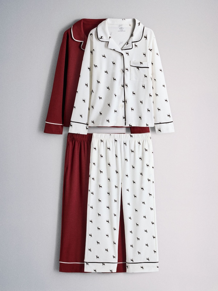 The Set 2 Pack Long Sleeve Viscose Blend Jersey Pyjamas Red/Ecru Deer Print - Image 1 of 7