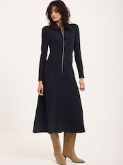 Mint Velvet Blue Textured Zip Detail Midi Dress - Image 1 of 7