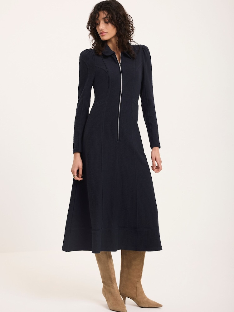 Mint Velvet Blue Textured Zip Detail Midi Dress - Image 1 of 7