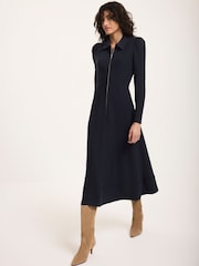 Mint Velvet Blue Textured Zip Detail Midi Dress - Image 2 of 7