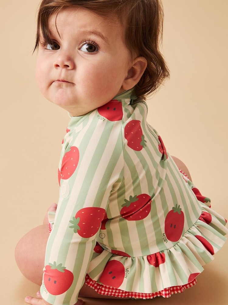 MORI Green Strawberry Stripe Frill Long Sleeve Sun Safe Swimsuit - Image 1 of 6