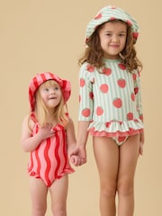 MORI Green Strawberry Stripe Frill Long Sleeve Sun Safe Swimsuit - Image 2 of 6