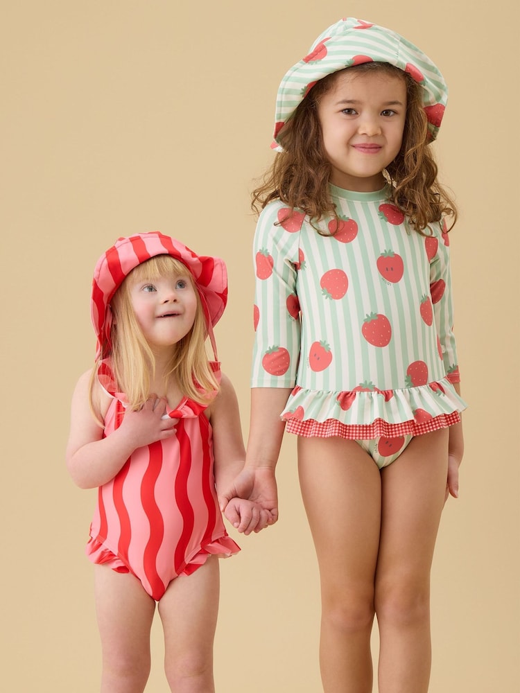 MORI Green Strawberry Stripe Frill Long Sleeve Sun Safe Swimsuit - Image 2 of 6