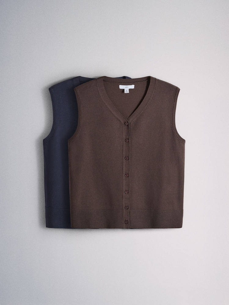 The Set 2 Pack Fine Knit V-Neck Waistcoat Navy Blue/Chocolate Brown - Image 1 of 5 The Set 2 Pack Fine Knit V-Neck Waistcoat Navy Blue/Chocolate Brown - Image 1 of 5